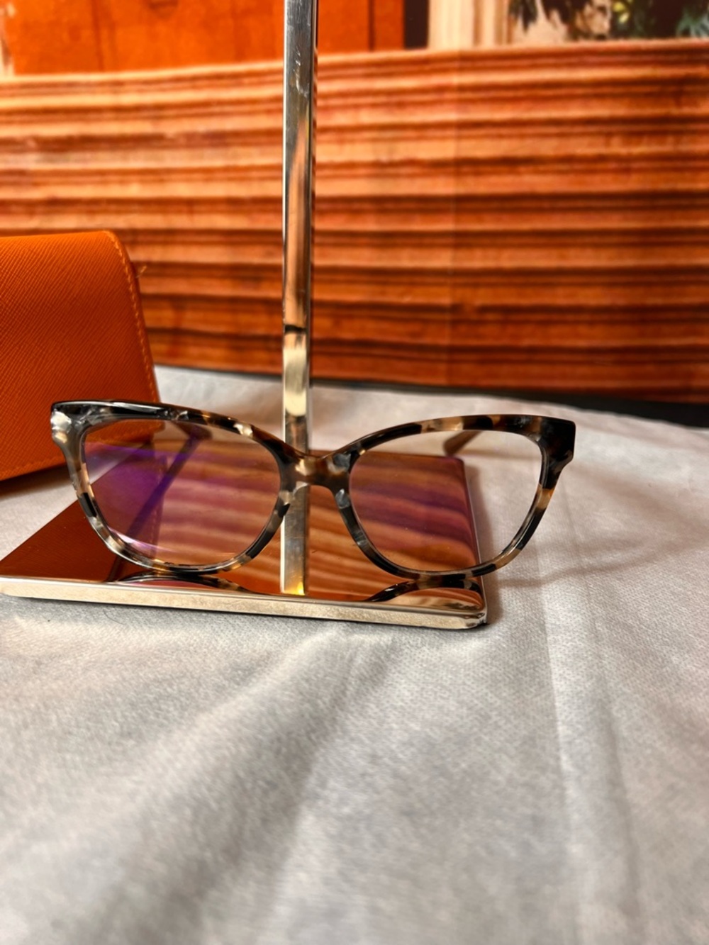 Tory Burch Tortoise Eyeglasses and Tory Burch Orange Eyeglass Case, excellent